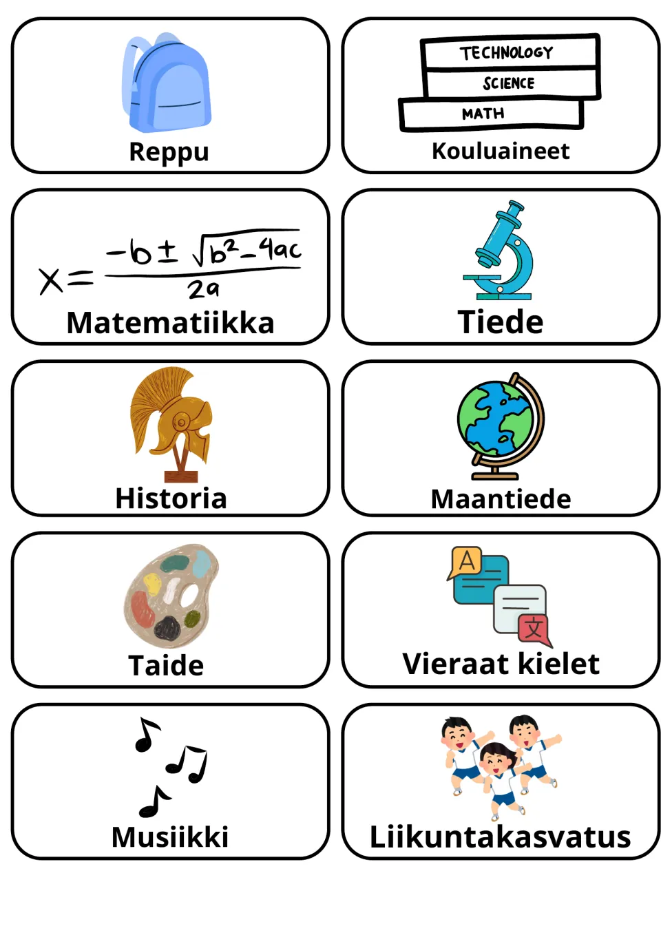 Finnish school subjects: picture cards for Kouluaineet, Matematiikka, Tiede, Historia, Taide, Musiikki and more