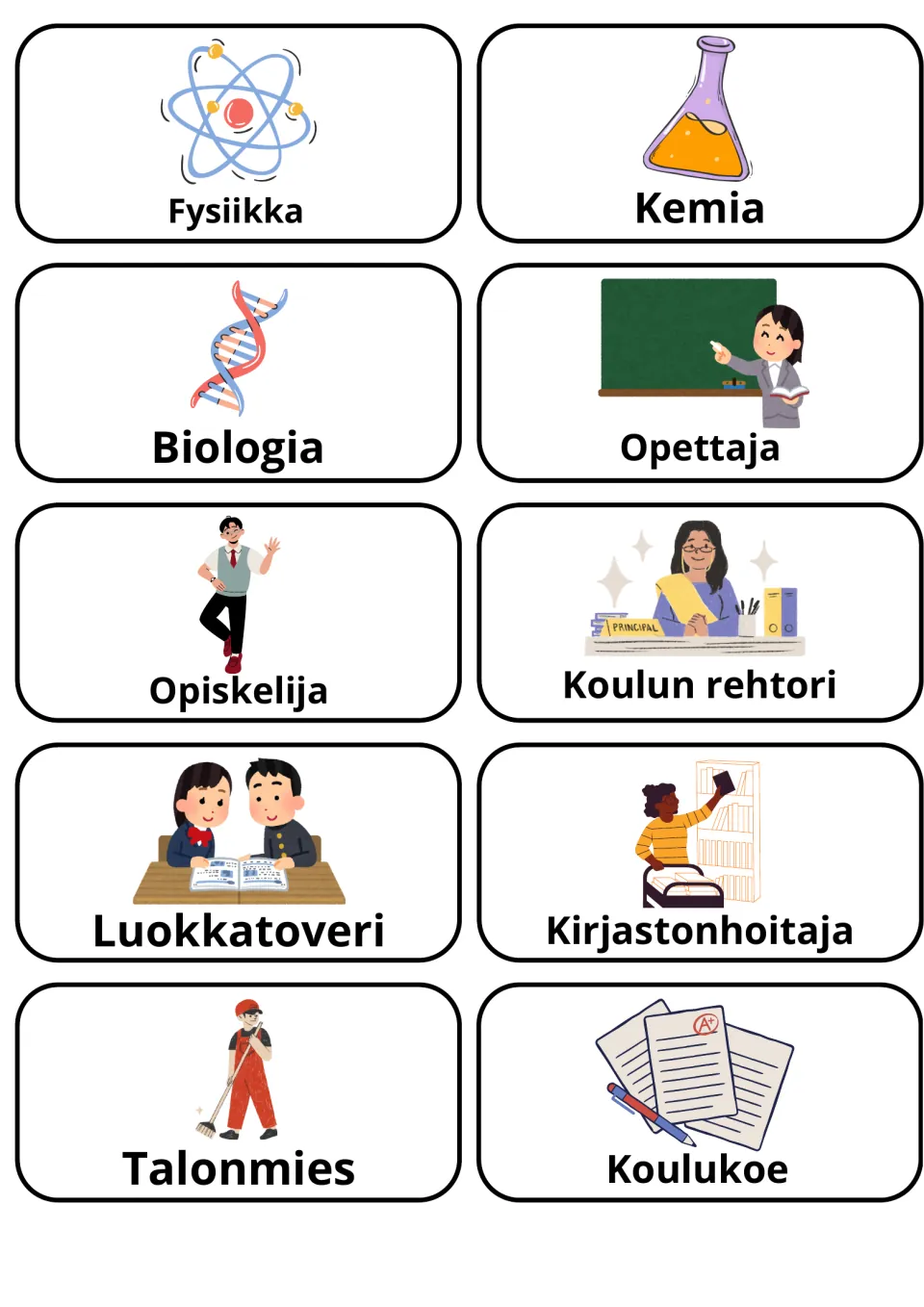 Finnish school people and sciences: picture cards for Fysiikka, Kemia, Biologia, Opettaja, Koulun rehtori and Talonmies