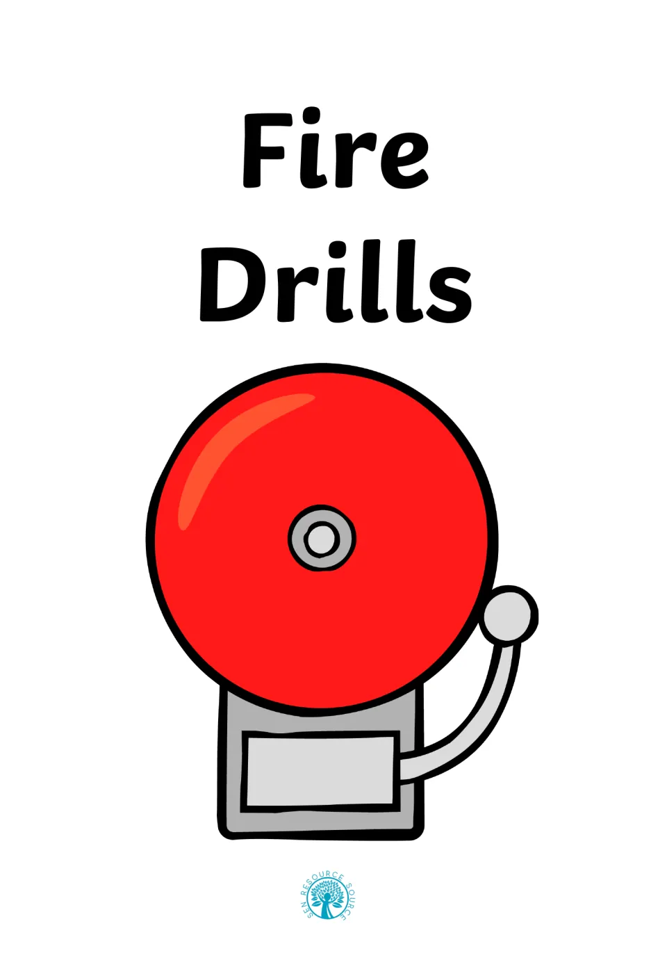 Fire Drills cover: title above a large red school alarm bell illustration, opening a story about what happens in a drill