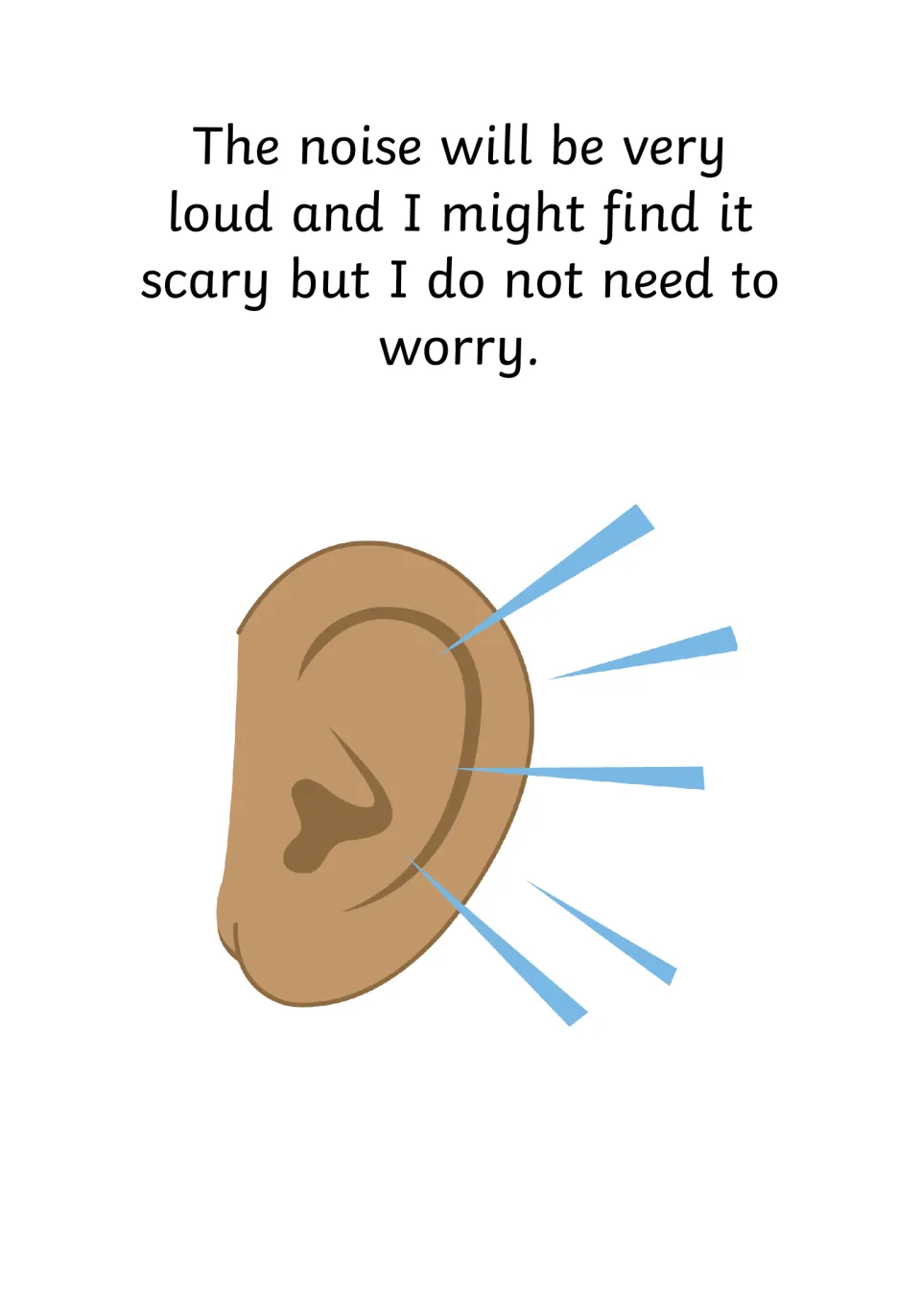 Loud noise page: the alarm will be very loud and might feel scary, but there is no need to worry; an ear with sound lines
