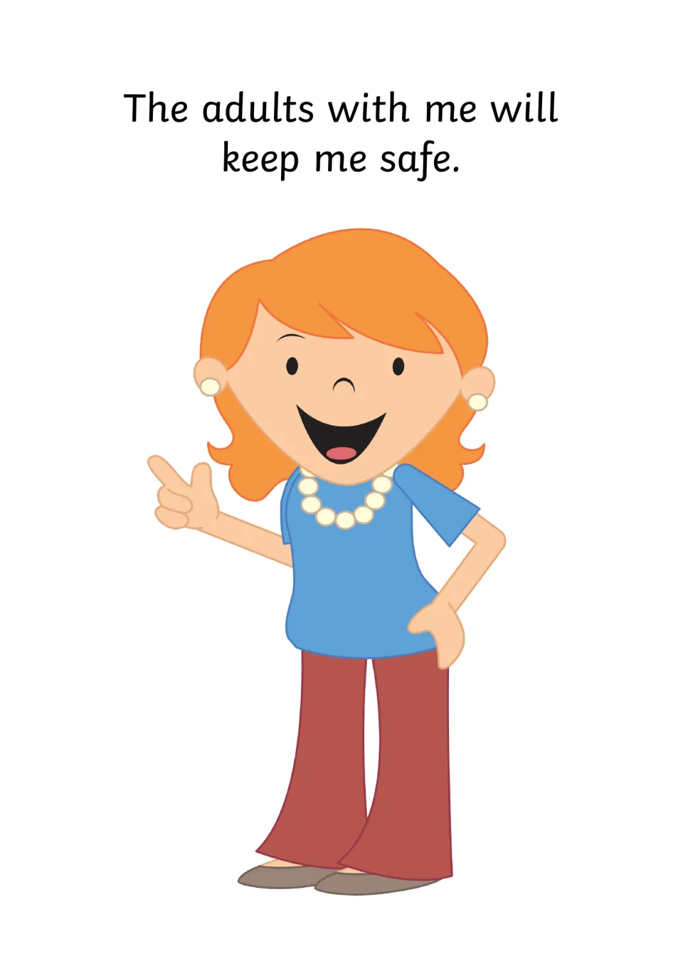 Trusted adults: text reads 'The adults with me will keep me safe.' with a smiling woman in a blue top pointing upward