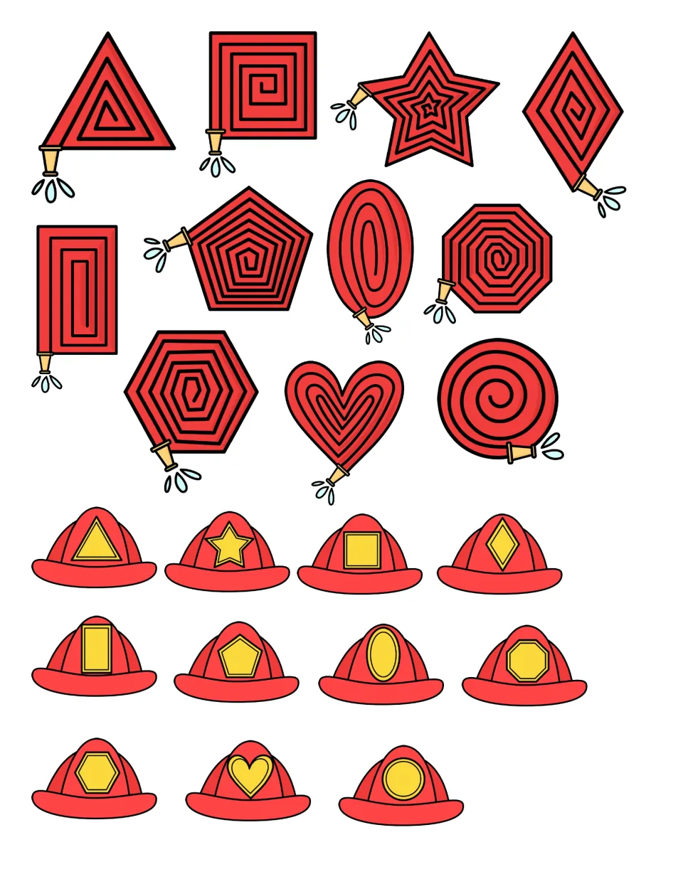 Shape matching cut-out pieces: 11 coiled red fire hoses in shapes and 11 firefighter helmets with a yellow shape each