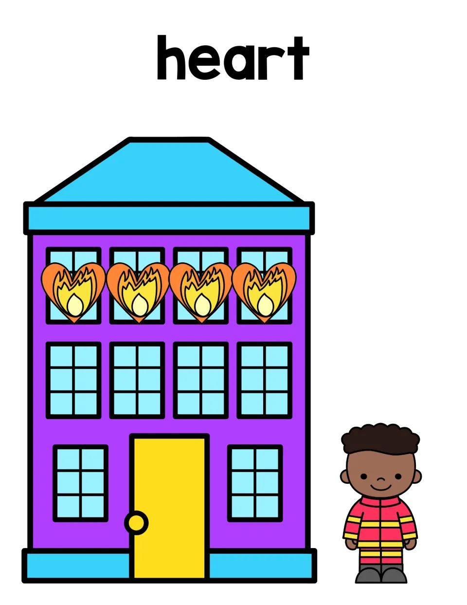 Heart sorting mat: purple building with four heart-shaped flames in the top windows and a firefighter beside it