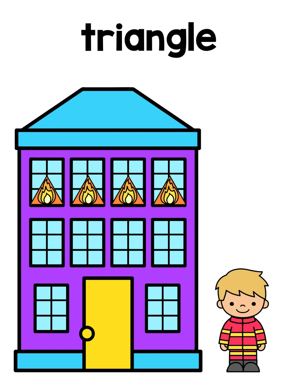 Triangle sorting mat: purple building with four triangle-shaped flames in the top windows and a firefighter beside it