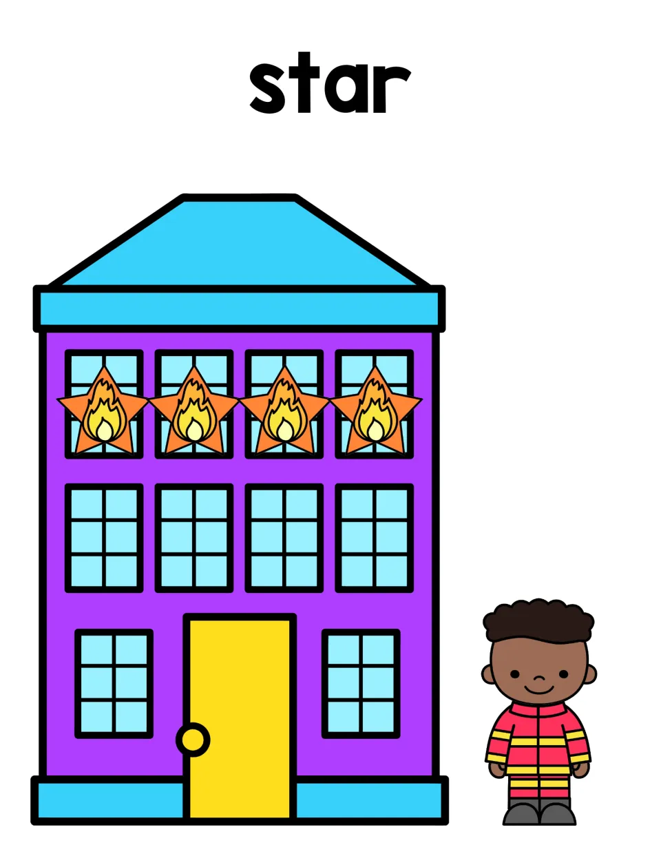 Star sorting mat: purple building with four star-shaped flames in the top windows and a firefighter standing nearby