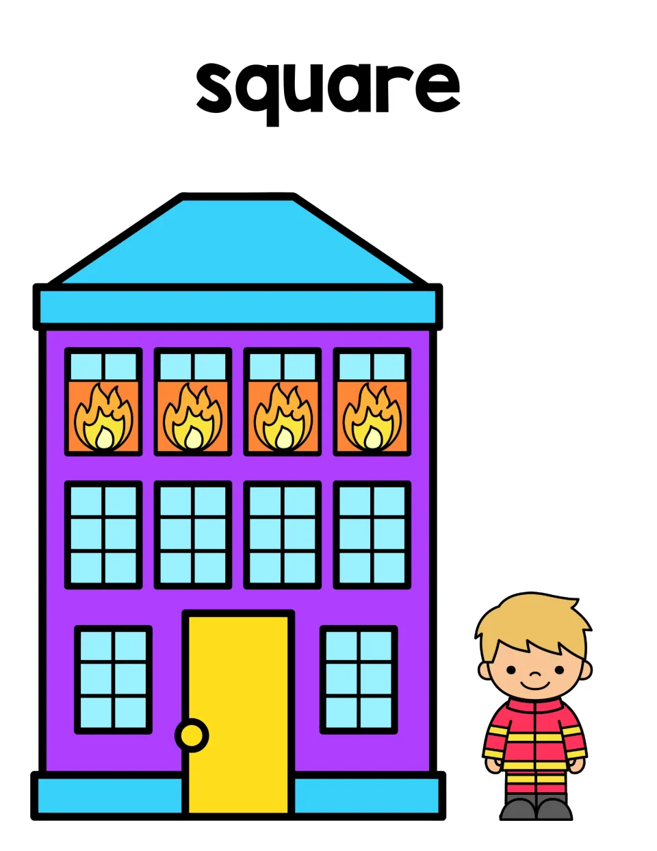 Square sorting mat: purple building with four square flames in the top windows and a firefighter standing beside it