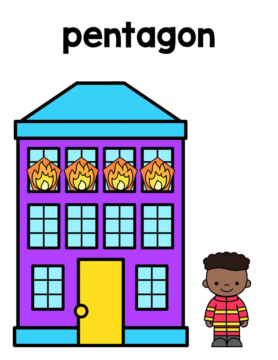 Pentagon sorting mat: purple building with four pentagon-shaped flames in the top windows and a firefighter beside it