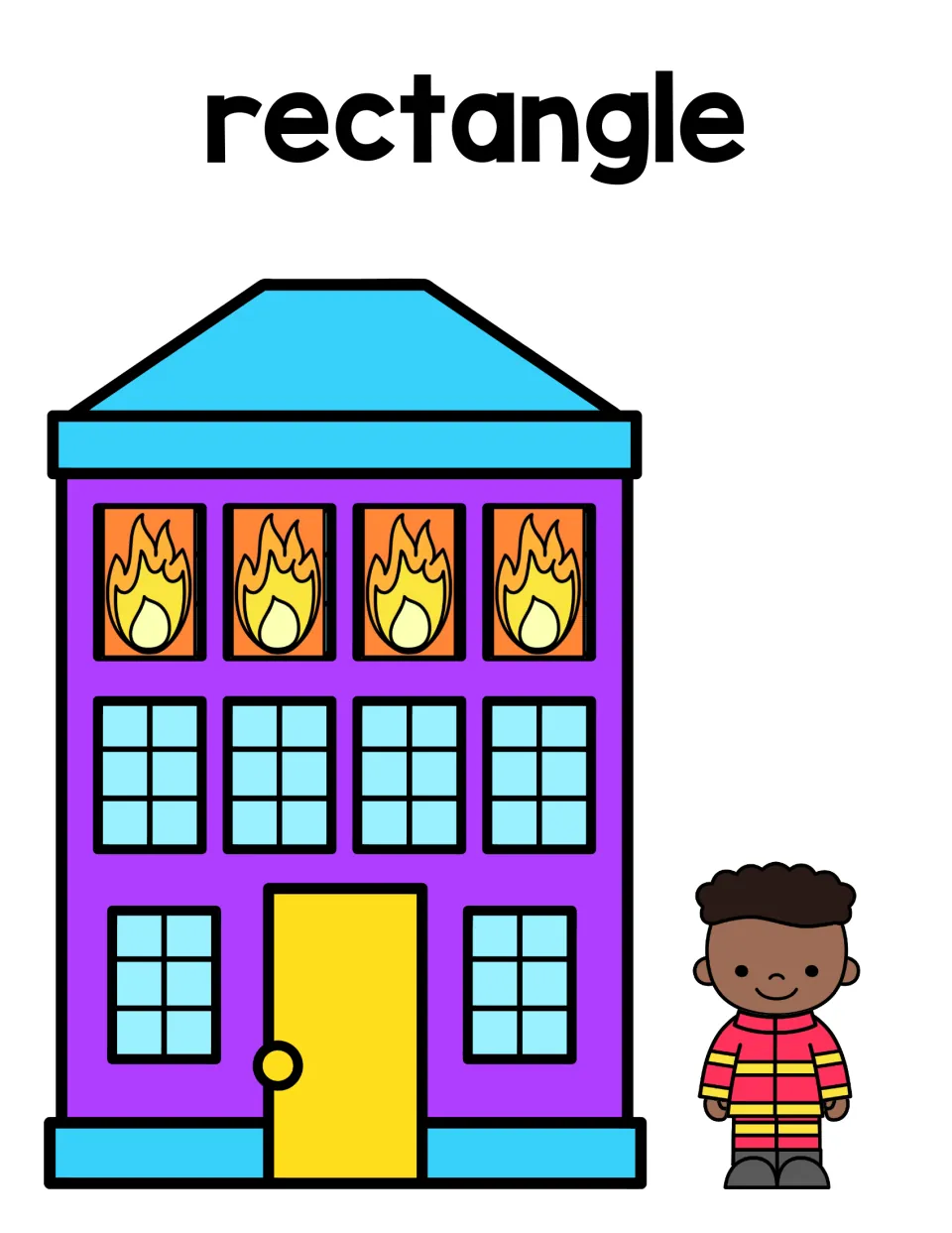 Rectangle sorting mat: purple building with four rectangle flames in the top windows and a firefighter beside it