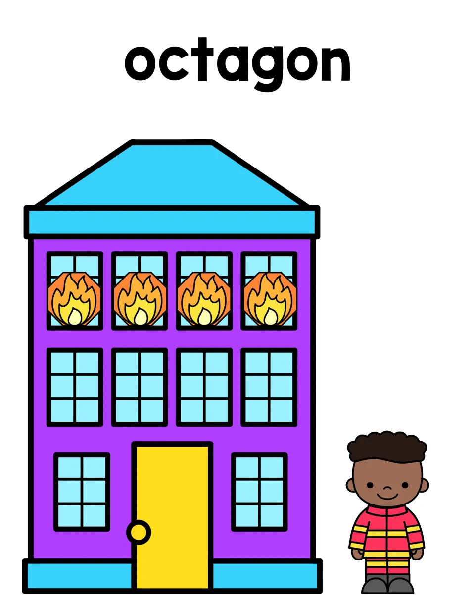 Octagon sorting mat: purple building with four octagon-shaped flames in the top windows and a firefighter beside it