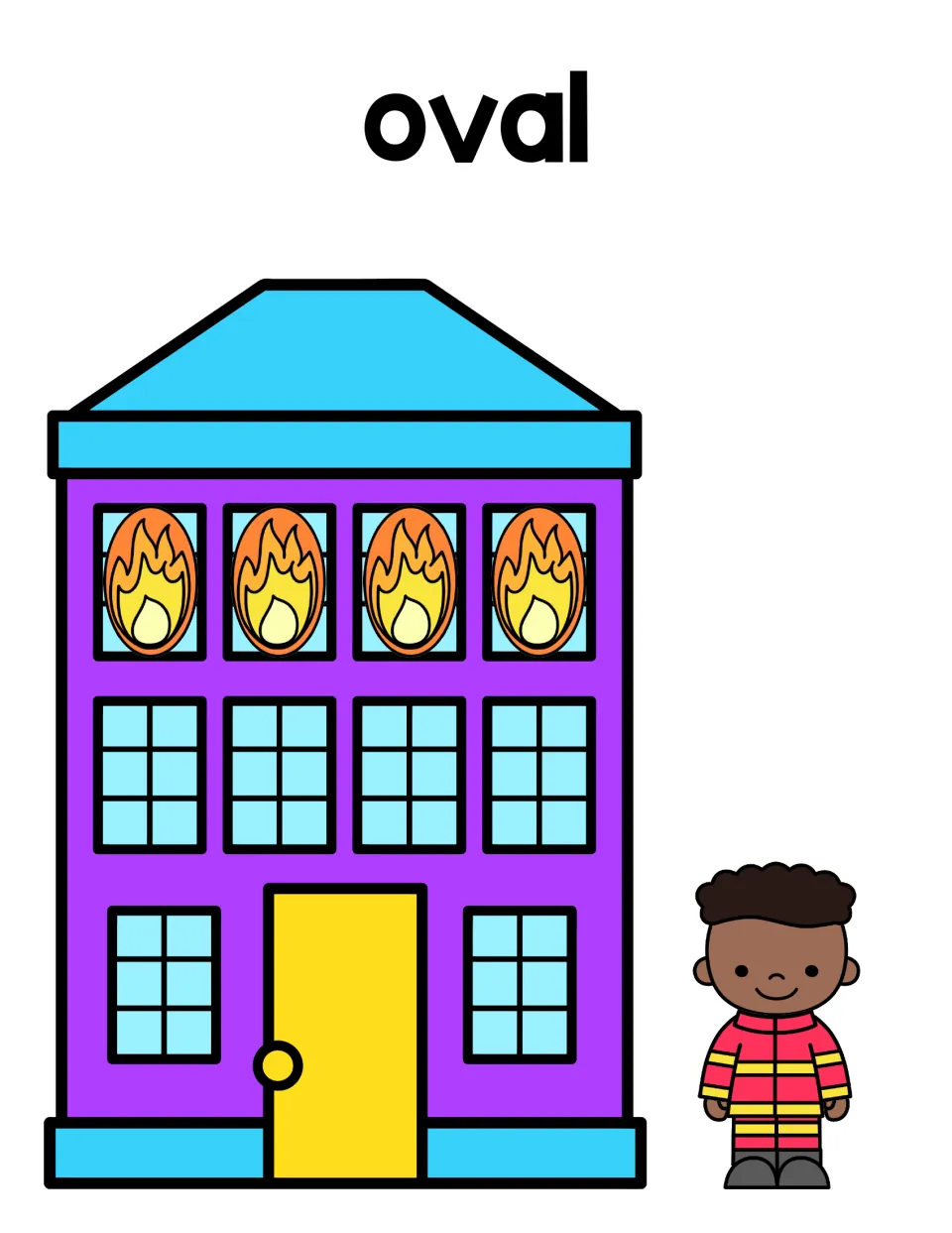 Oval sorting mat: purple building with four oval-shaped flames in the top windows and a firefighter standing nearby