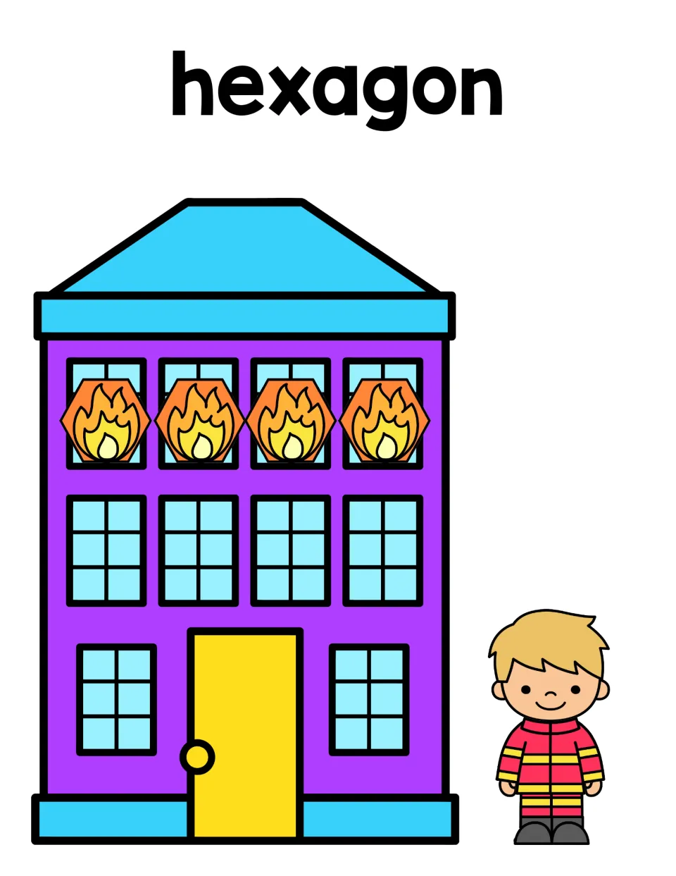 Hexagon sorting mat: purple building with four hexagon-shaped flames in the top windows and a firefighter beside it