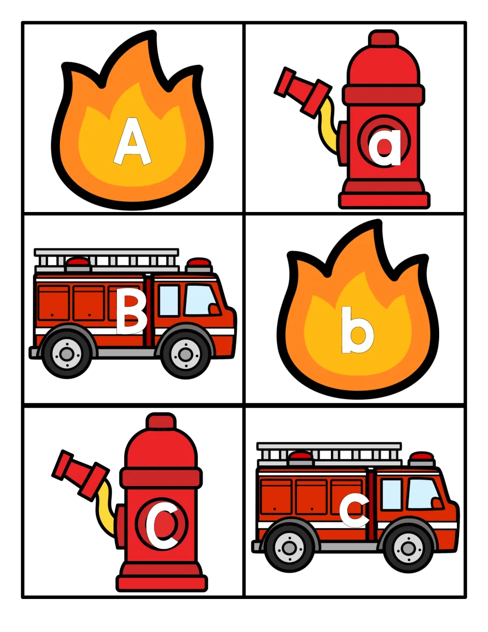 Letters A to C: six cards with uppercase and lowercase A, B and C on flames, hydrants and fire trucks for letter pairing