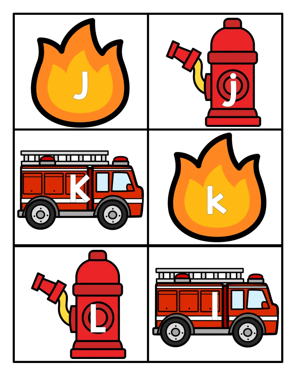 Letters J to L: J, j, K, k, L, l cards on flames, hydrants and fire trucks for pairing each capital with its lowercase