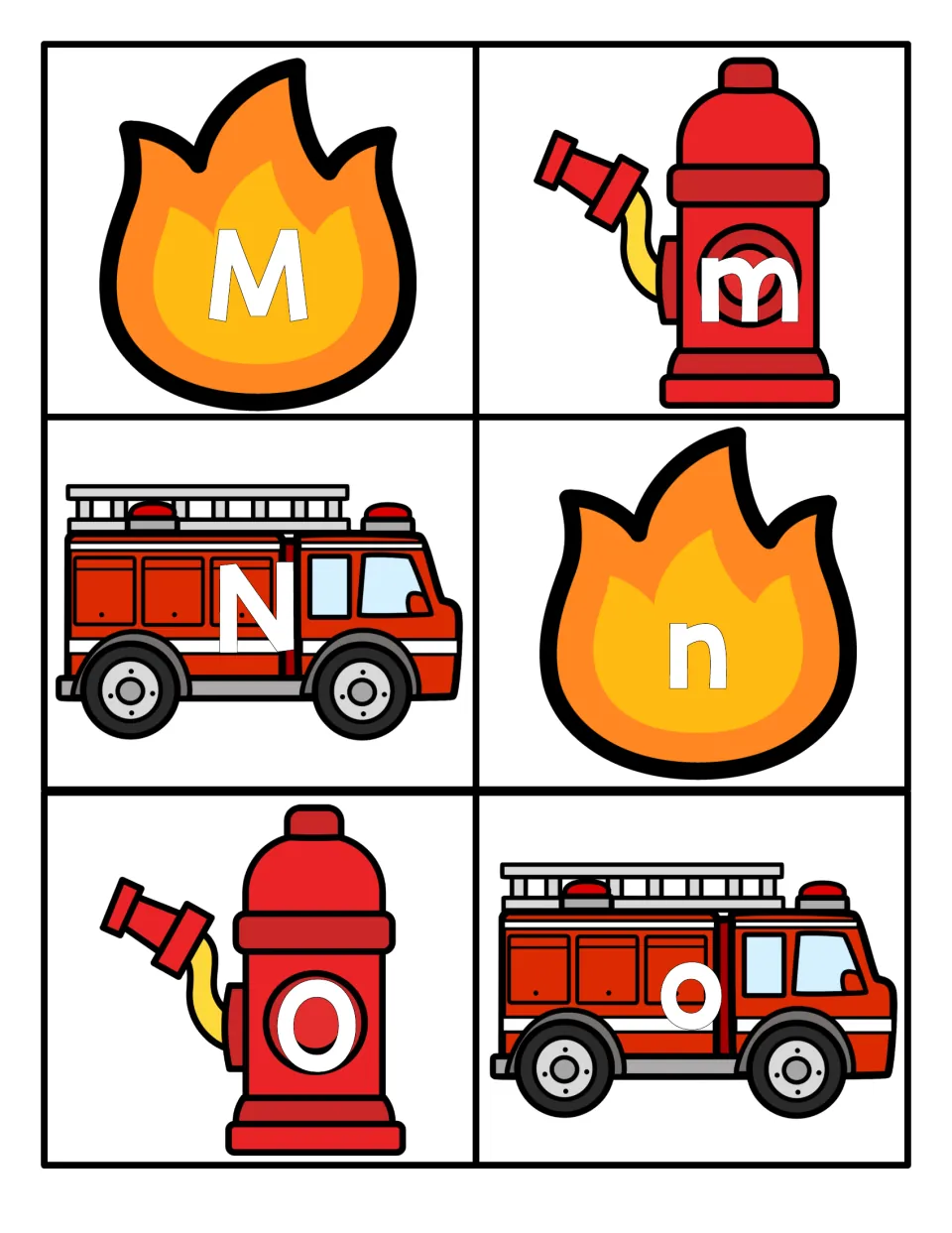 Letters M to O: cards for M, m, N, n, O, o shown on flame, hydrant and fire engine art for matching big and little letters