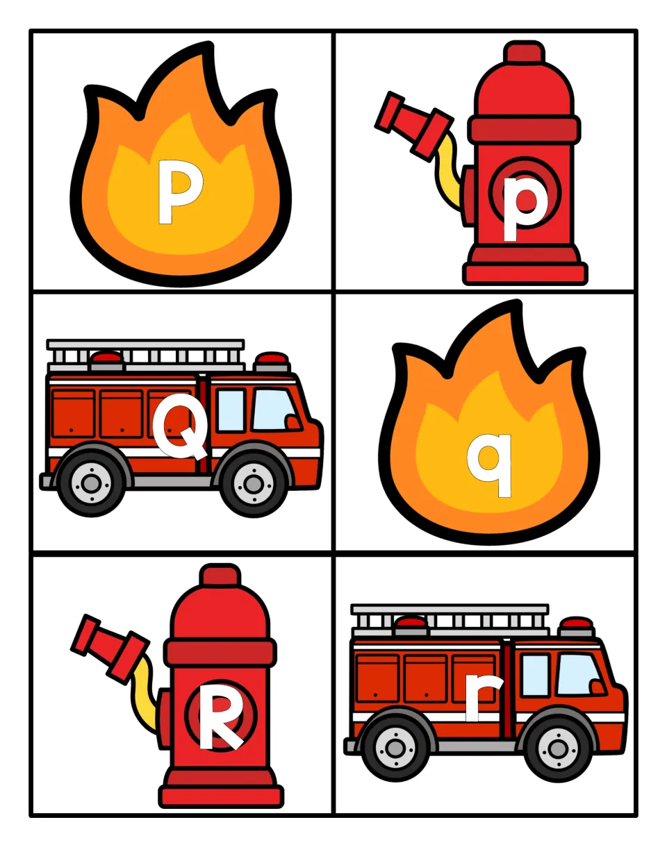 Letters P to R: P, p, Q, q, R, r cards on a flame, fire hydrant and fire truck to practise naming and pairing letters