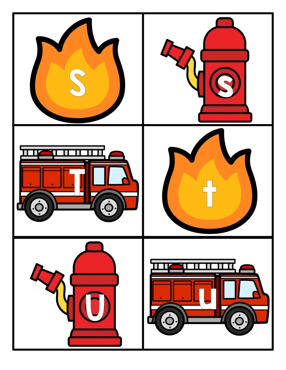 Letters S to U: S, s, T, t, U, u printed on flame, hydrant and fire truck cards for identifying uppercase and lowercase