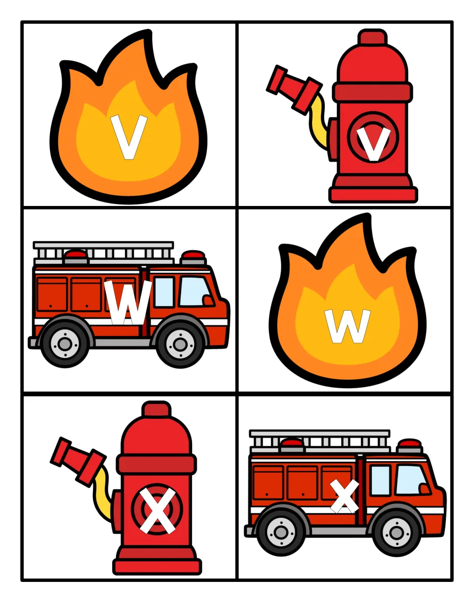 Letters V to X: cards with V, v, W, w, X, x on flames, hydrants and fire trucks for matching each letter to its partner