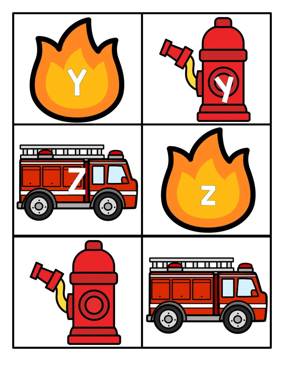 Letters Y and Z: Y, y, Z, z cards on flames, a hydrant and a fire truck, plus blank hydrant and truck cards