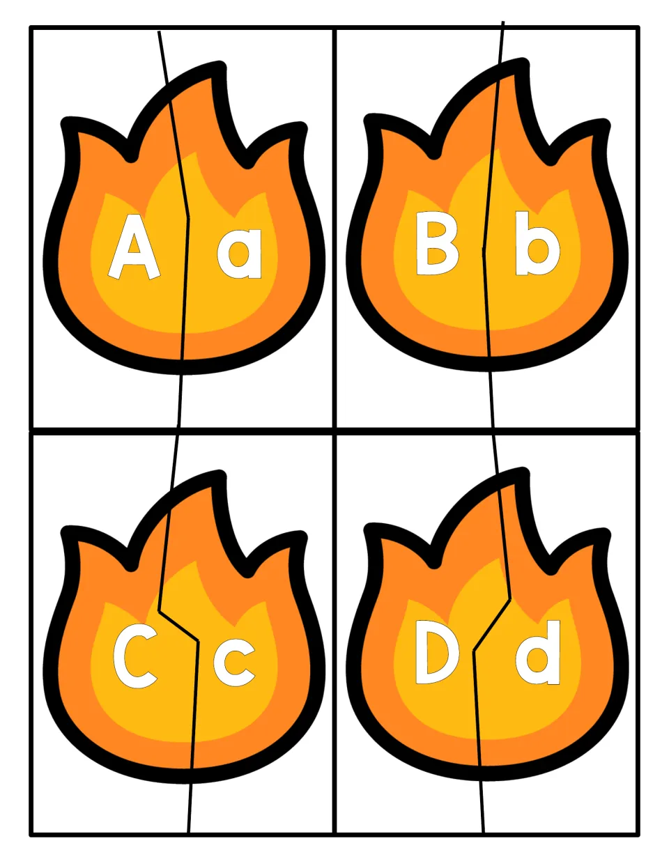 Letter matching for A to D: students cut apart four flame puzzles and join each capital letter to its lowercase half