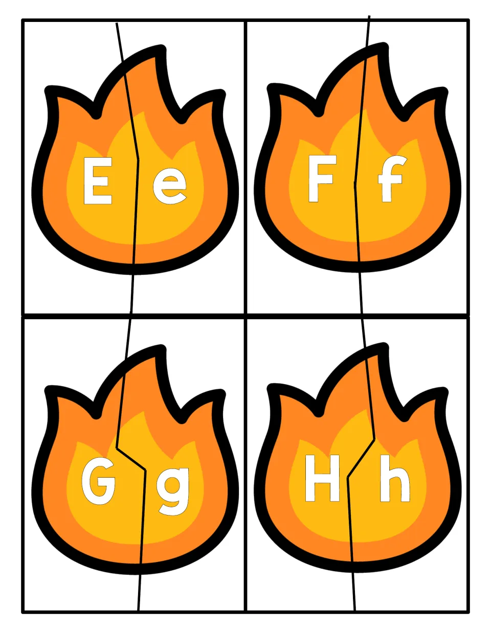 Uppercase and lowercase pairs E, F, G and H on two-piece fire cut-outs that children separate and fit back together