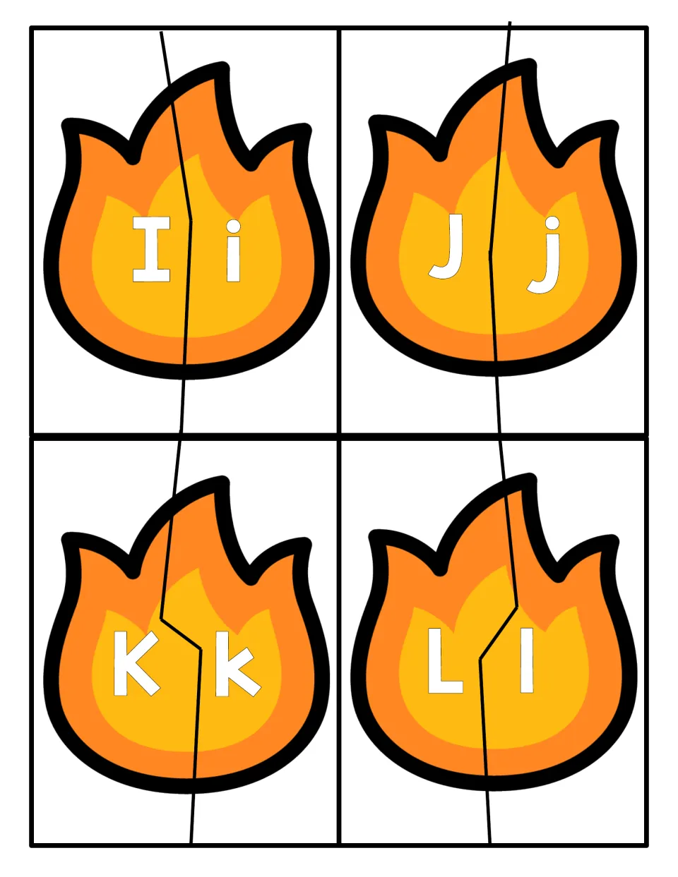 Flame letter puzzles for I, J, K and L: each fire splits into a capital half and a lowercase half for children to match