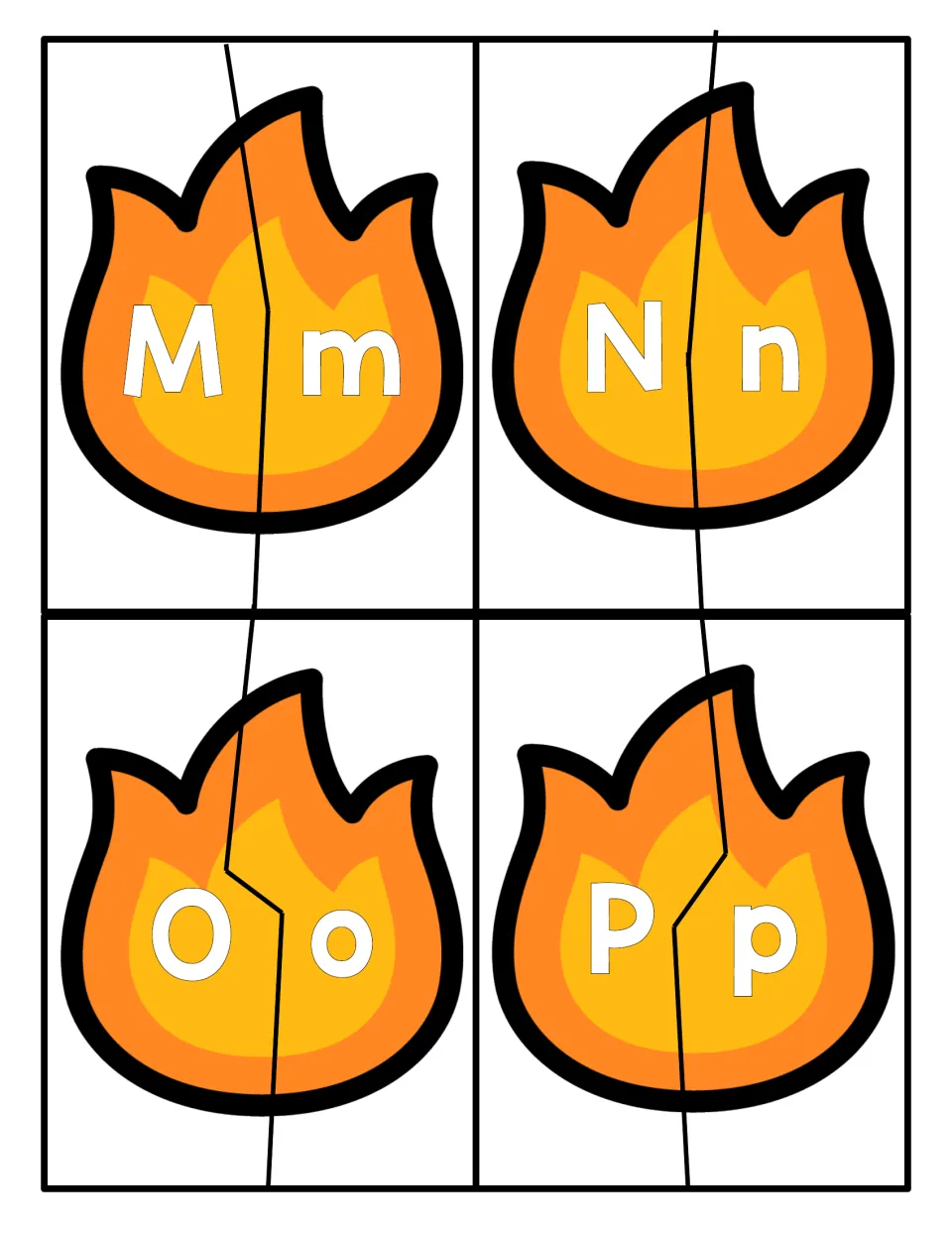 Capital and small letter matching with M, N, O and P printed on fire shapes that cut into two interlocking pieces