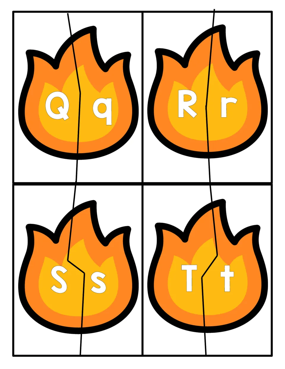 Q, R, S and T letter pairs on orange fire puzzles; students join each uppercase piece to the matching lowercase piece