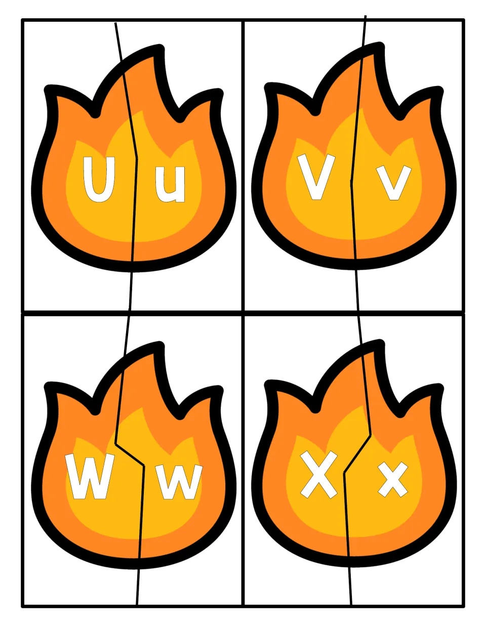Alphabet puzzle pieces for U, V, W and X: flames cut in two so learners pair each capital with its lowercase form