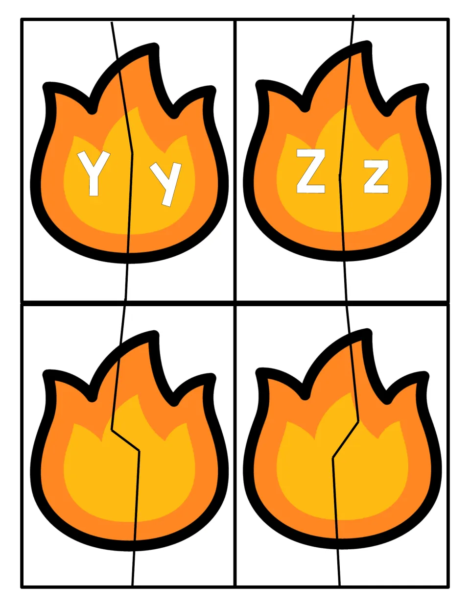 Final letters Y and Z as two-part flame puzzles, plus two blank flame puzzles with no letters printed on them