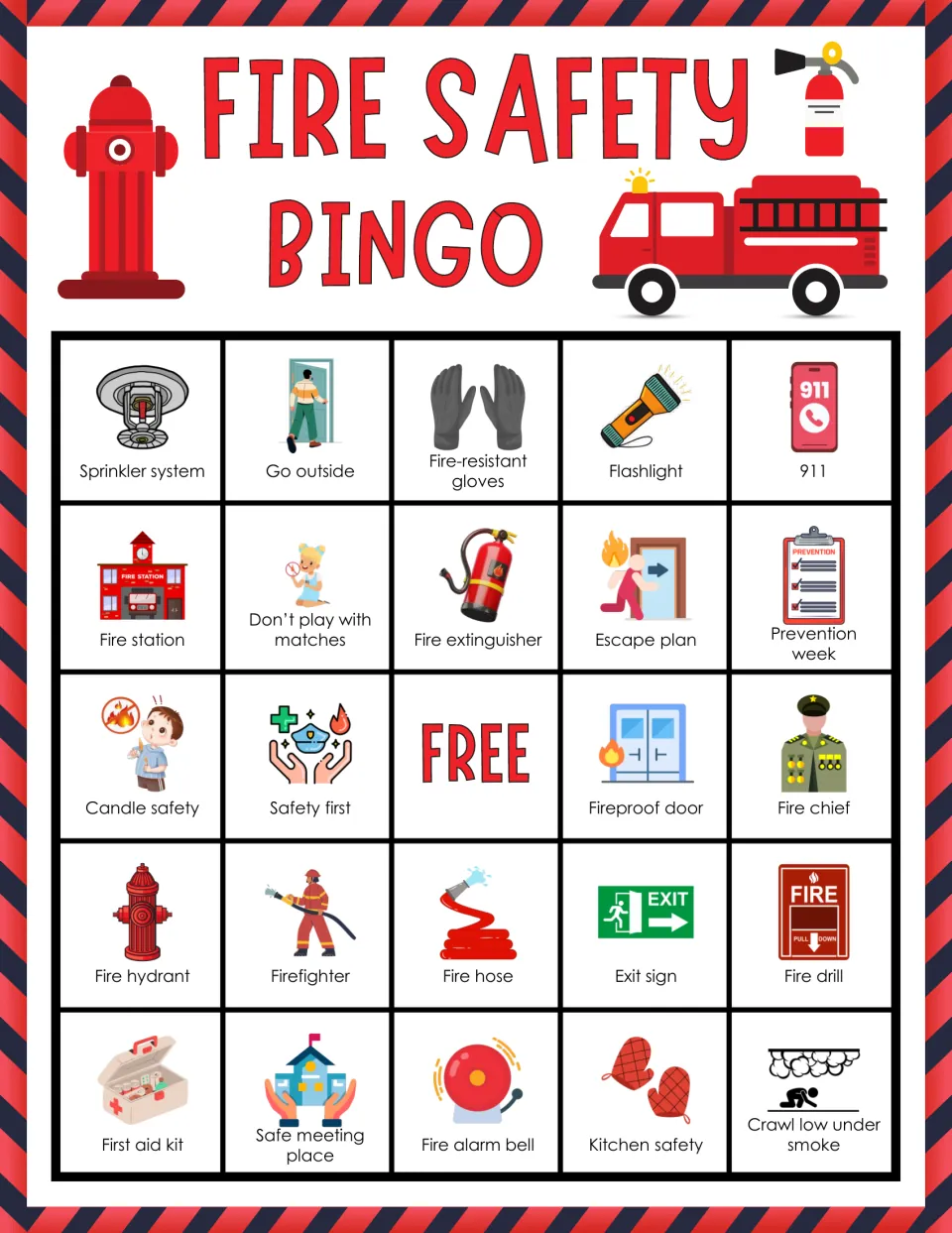Fire safety bingo card 1: students mark called picture squares, top row sprinkler system, go outside, gloves, 911