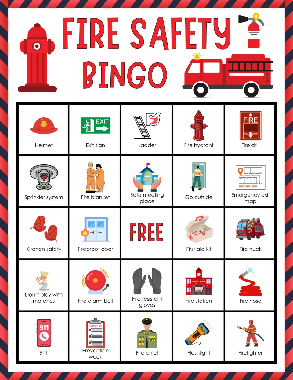 Fire safety bingo card 2: students mark called picture squares, top row helmet, exit sign, ladder, hydrant, fire drill