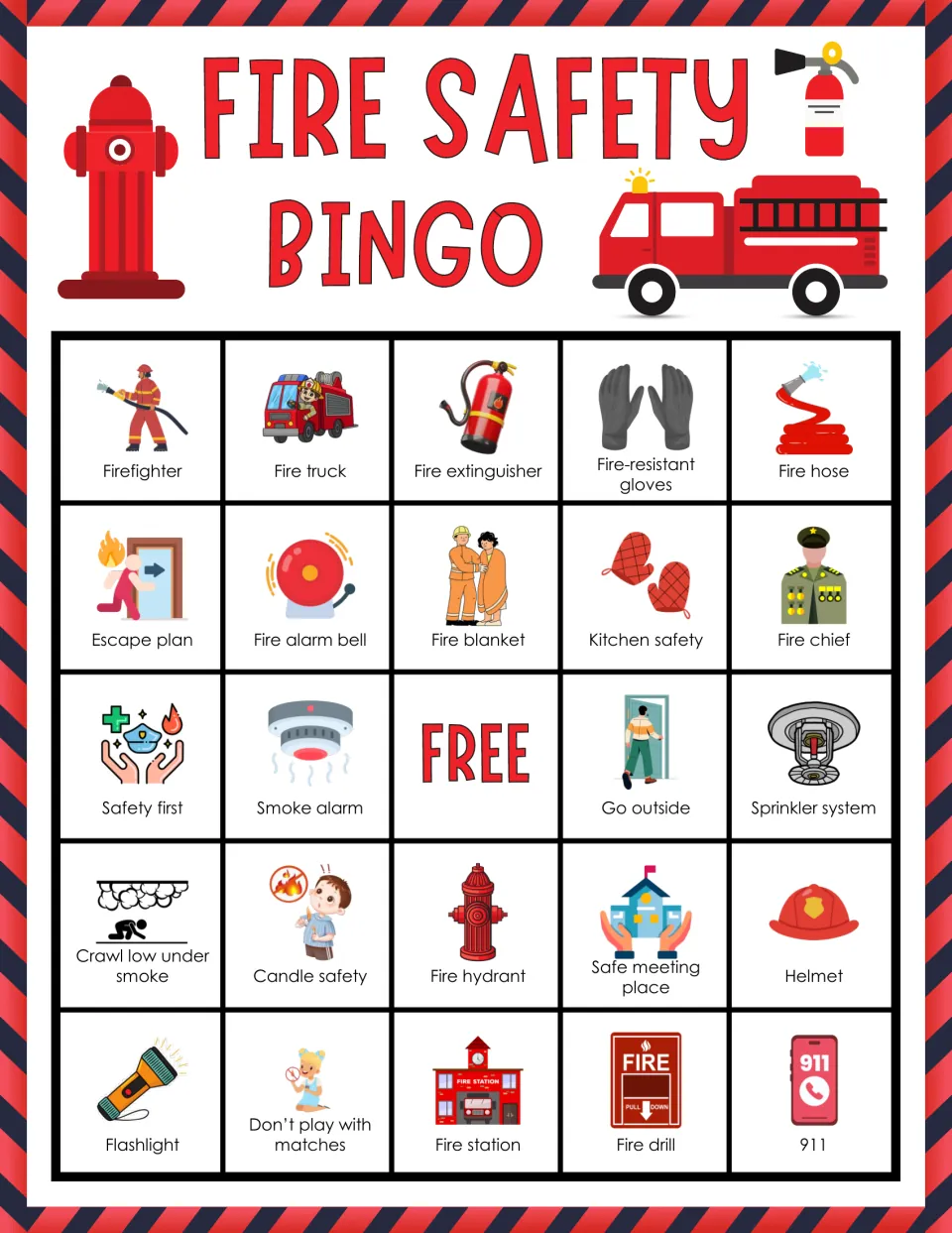 Fire safety bingo card 3: students mark called picture squares, top row firefighter, fire truck, extinguisher, hose