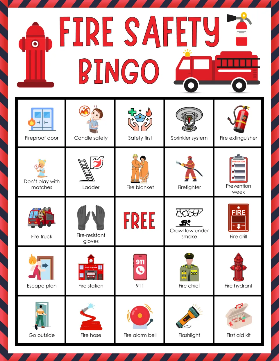 Fire safety bingo card 4: students mark called picture squares, top row fireproof door, candle safety, safety first