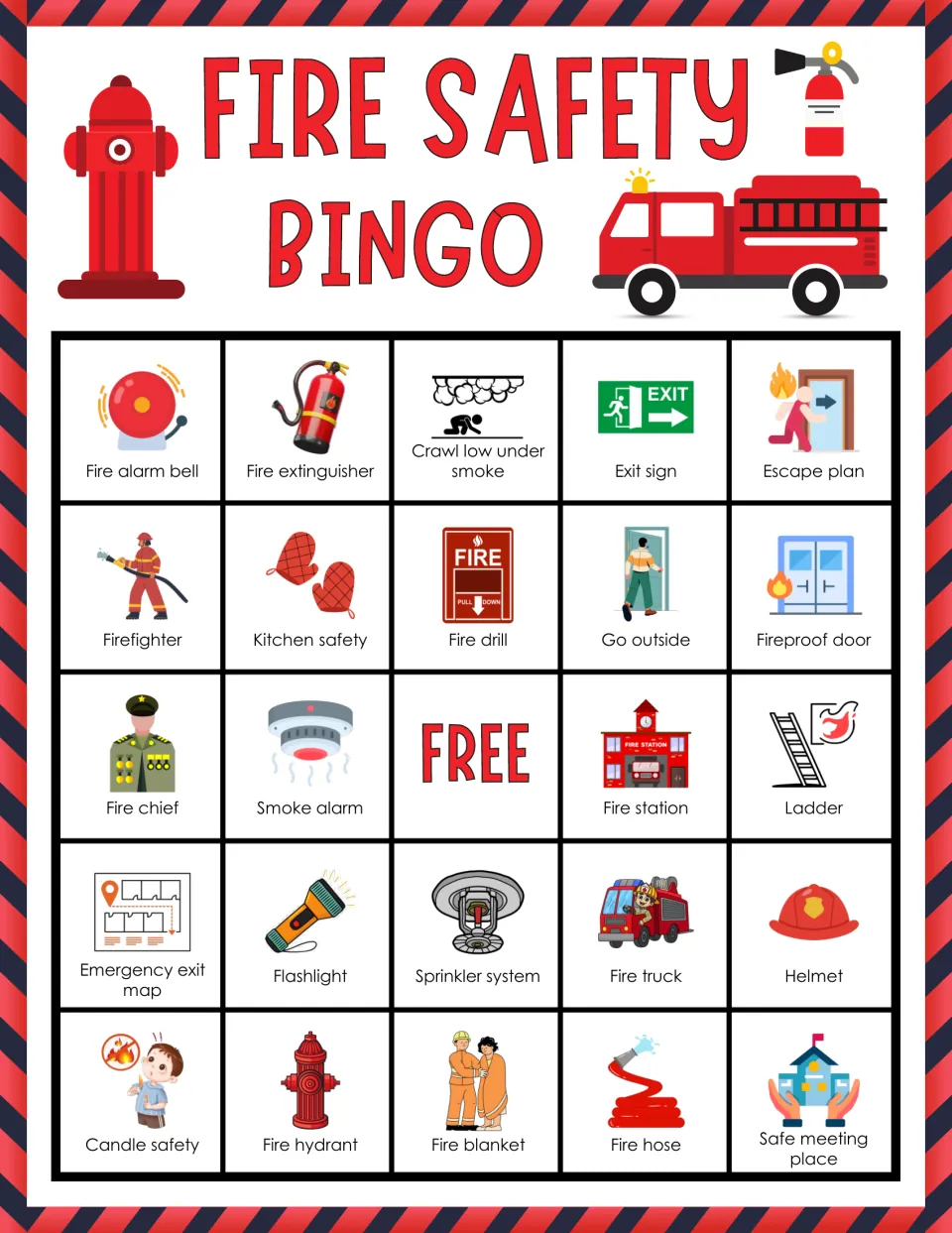 Fire safety bingo card 5: students mark called picture squares, top row alarm bell, extinguisher, crawl low, exit sign