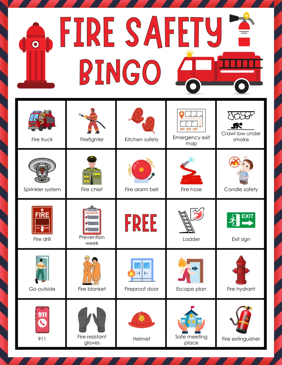 Fire safety bingo card 6: students mark called picture squares, top row fire truck, firefighter, kitchen safety, map