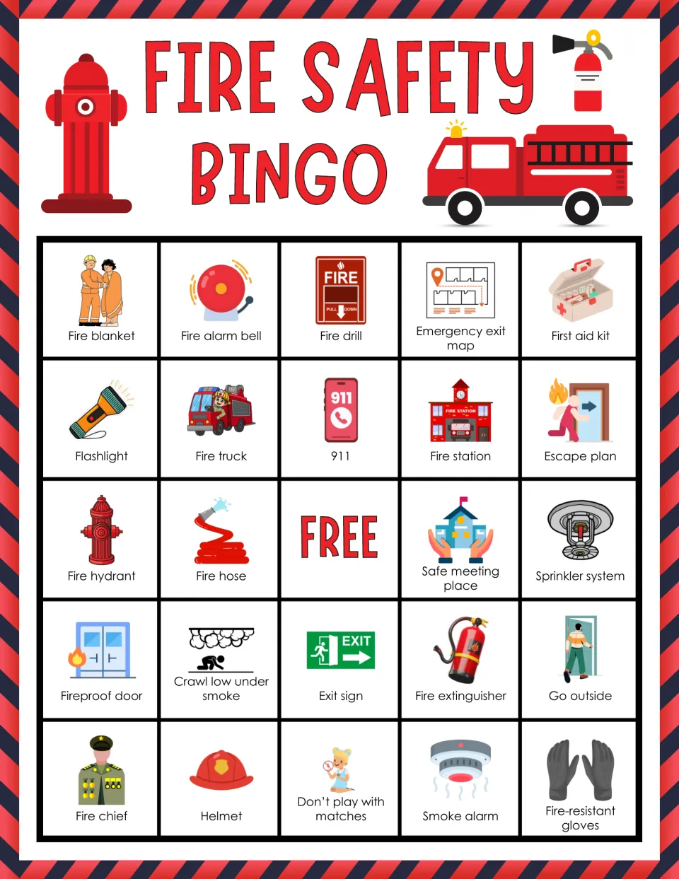 Fire safety bingo card 7: students mark called picture squares, top row fire blanket, alarm bell, fire drill, first aid