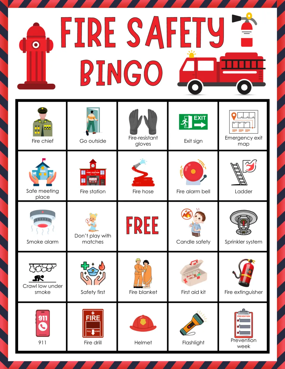 Fire safety bingo card 8: students mark called picture squares, top row fire chief, go outside, gloves, exit sign