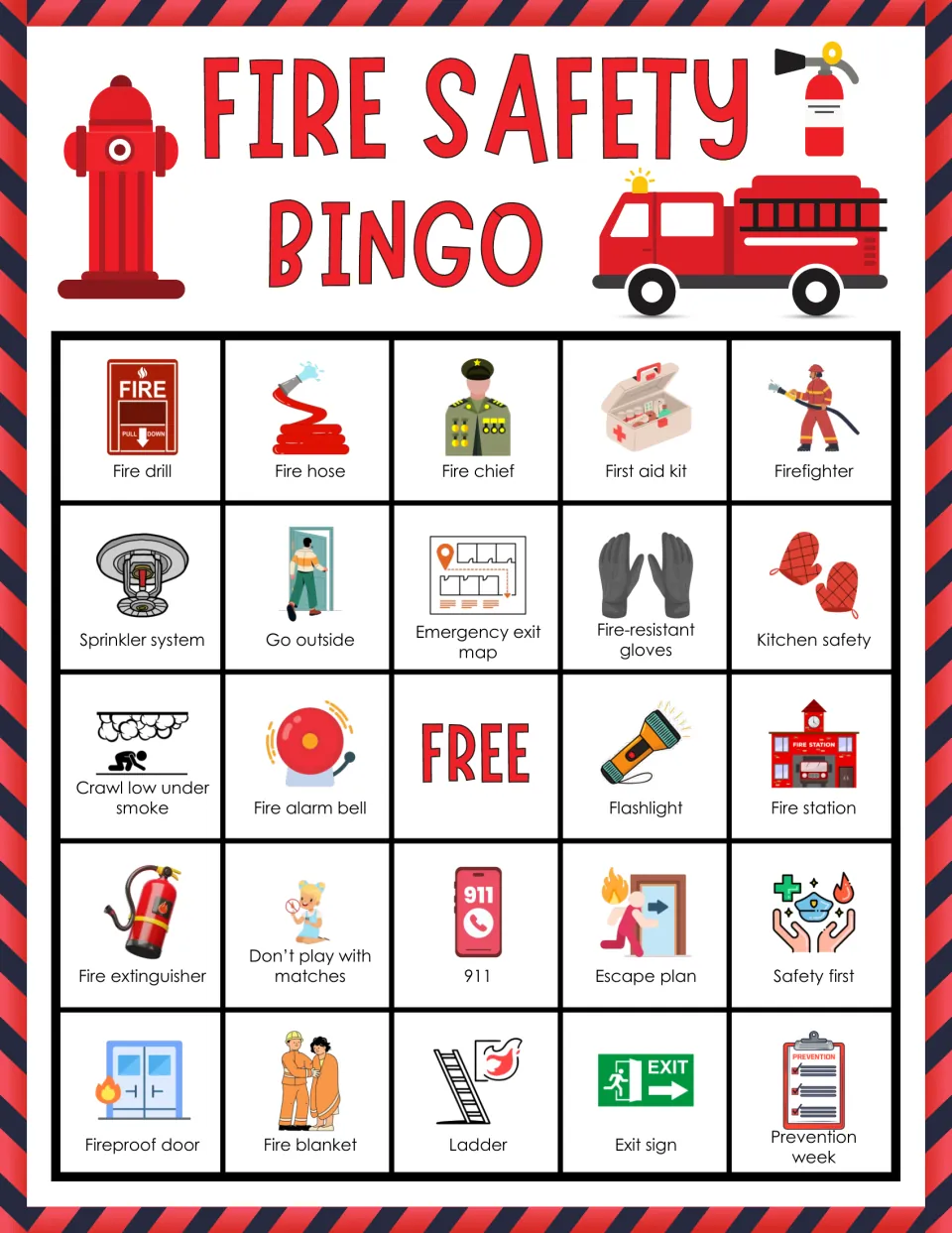 Fire safety bingo card 9: students mark called picture squares, top row fire drill, hose, fire chief, first aid kit