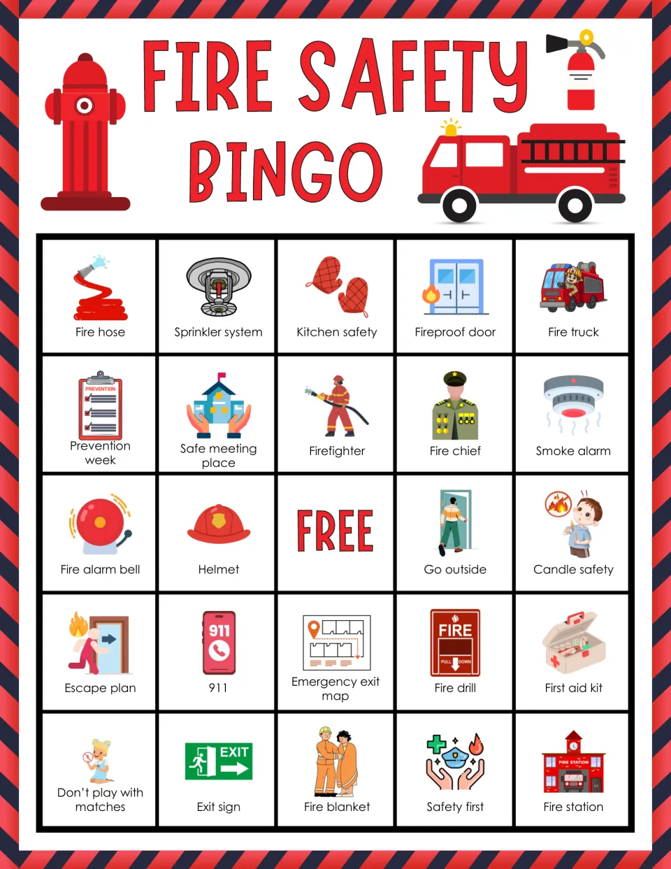 Fire safety bingo card 10: students mark called picture squares, top row fire hose, sprinkler, kitchen safety, truck