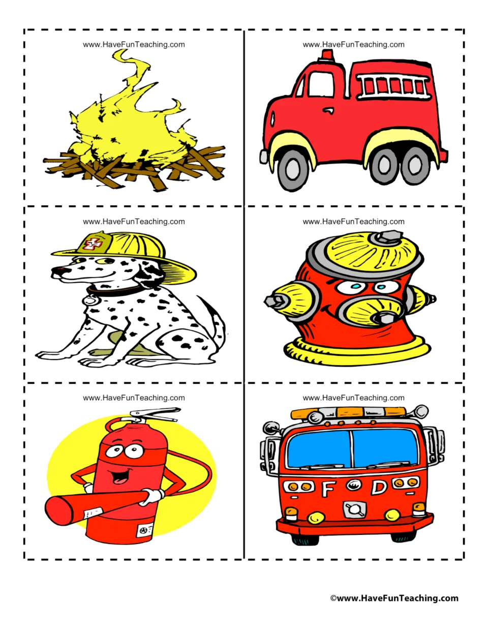Fire safety picture cards to cut apart: campfire, fire truck, Dalmatian in a helmet, hydrant, extinguisher, fire engine