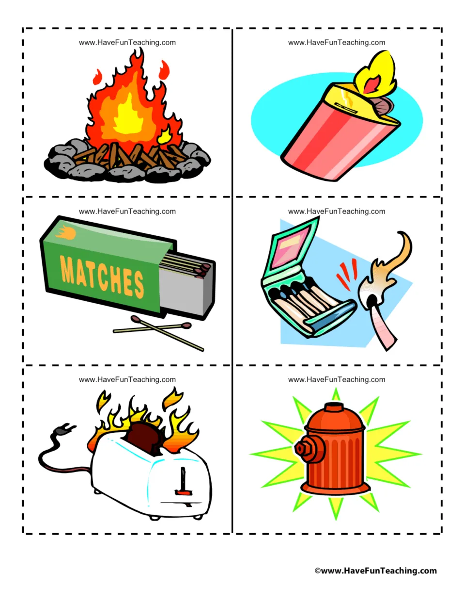 Fire hazard cards to cut apart: a campfire, lighter, box of matches, lit matchbook, burning toaster and a fire hydrant