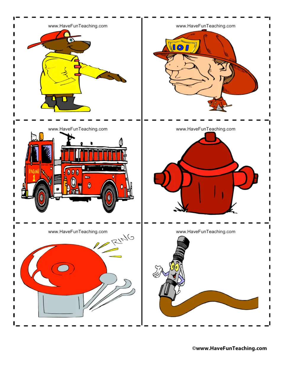 Firefighter picture cards: bear in fire gear, firefighter in 101 helmet, Engine 1 truck, hydrant, ringing alarm bell, hose