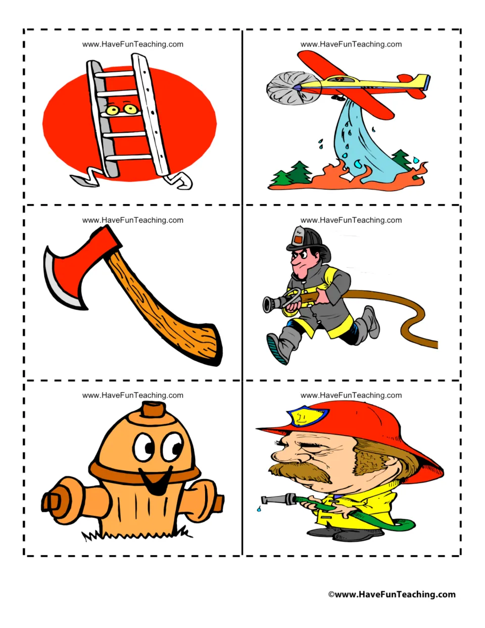 Firefighting picture cards: ladder, plane dropping water on forest fire, axe, running firefighter, hydrant, man with hose