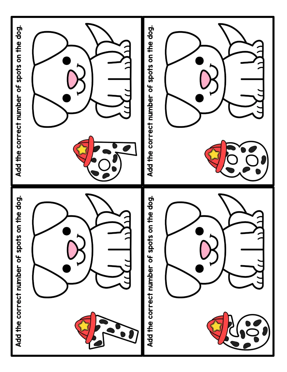 Fire safety counting cards for 6 to 9: students add the matching number of spots to a blank dalmatian puppy on each card