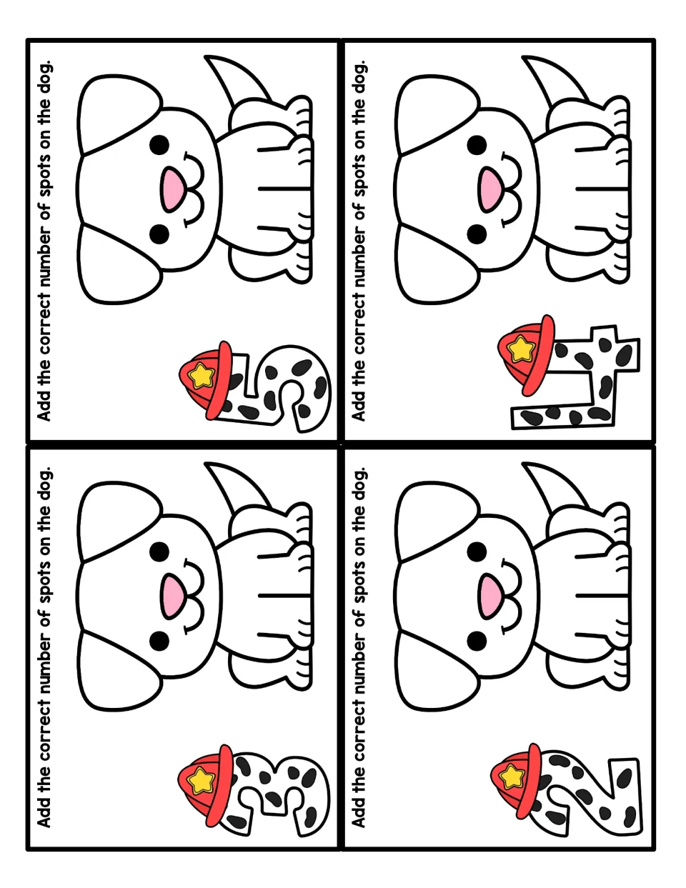 Dalmatian spot counting cards for 2 to 5: students place that many spots on the plain puppy beside each fire-hat numeral