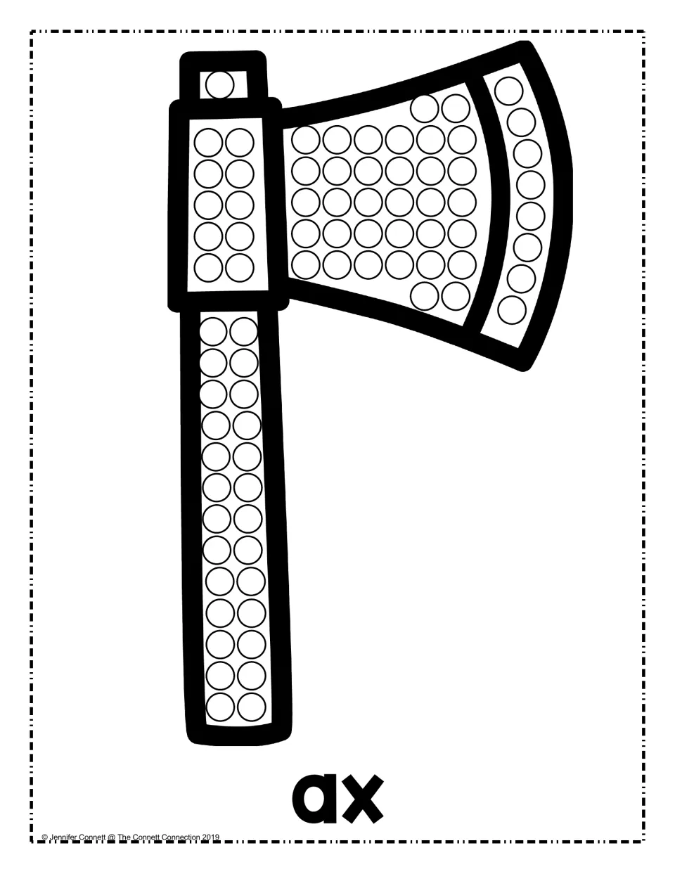Fire safety dot painting of an ax labeled "ax": students dab a dot marker in each circle on the blade and handle