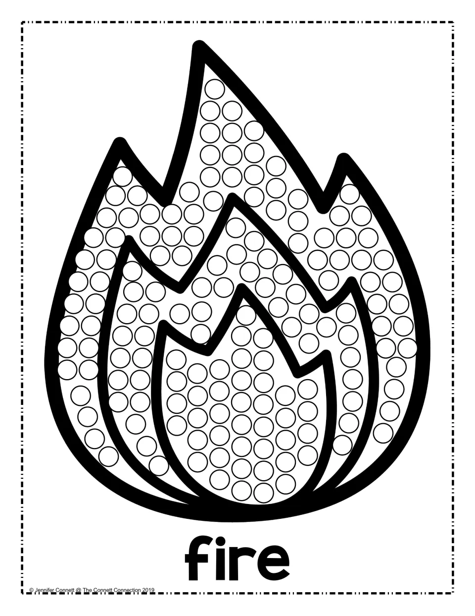 Dot art of three layered flames labeled "fire": students dot each circle inside the flame shapes