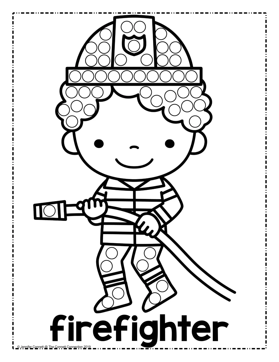 Firefighter dot painting: students dab dots on the helmet, curly hair and legs of a child holding a fire hose