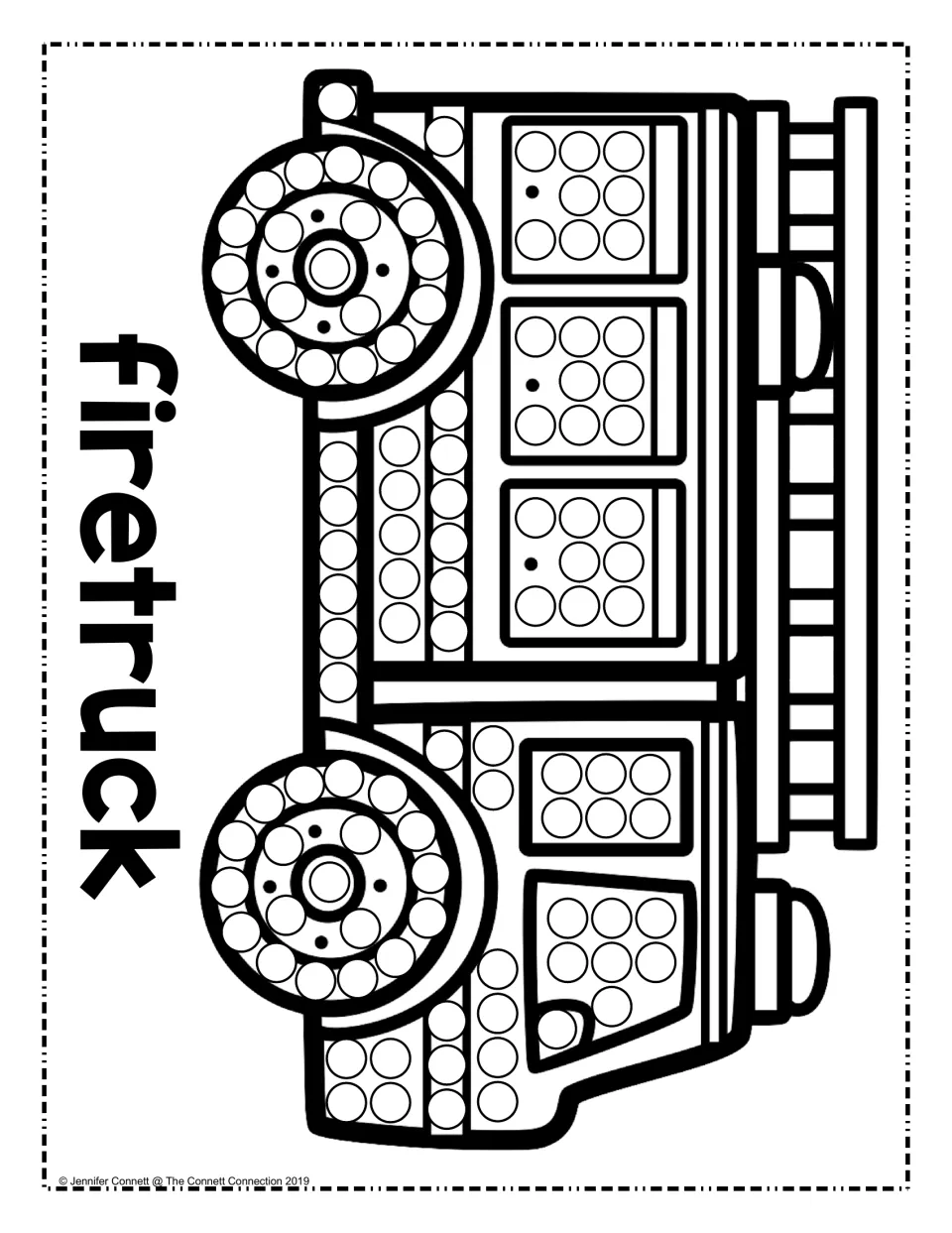 Fire truck dot painting labeled "firetruck": students dot the wheels, windows and side panels of a ladder truck