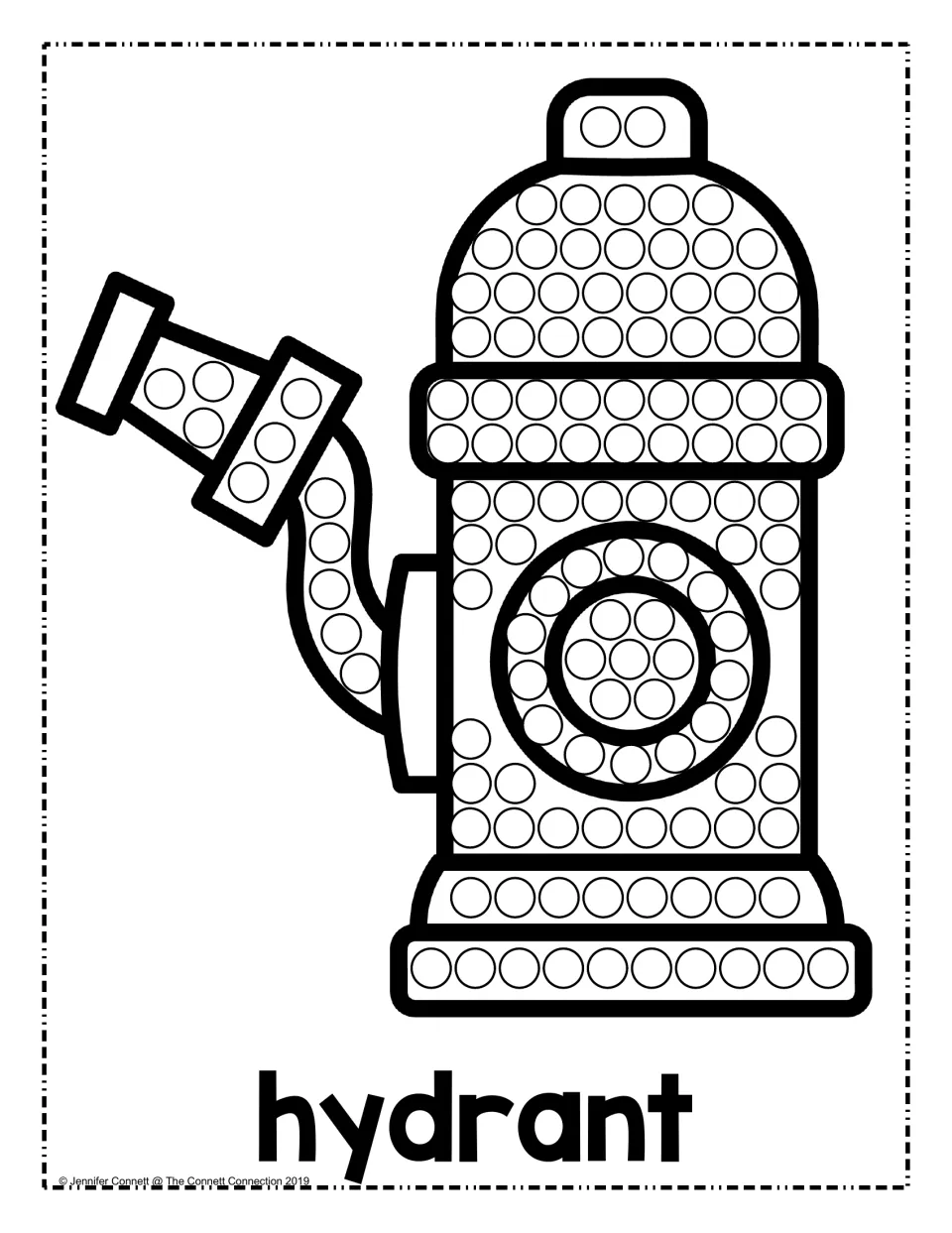 Fire hydrant dot painting labeled "hydrant": students dot the cap, body, rings and attached hose of the hydrant